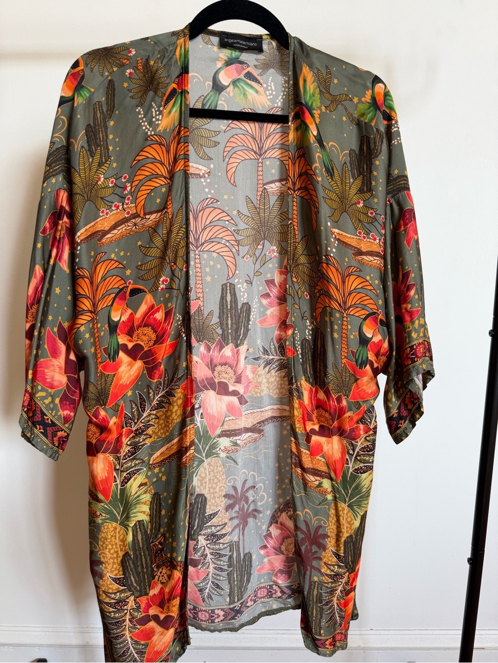 Olive Floral Satin Kimono Robe - Tropical Print size XS made in Italy